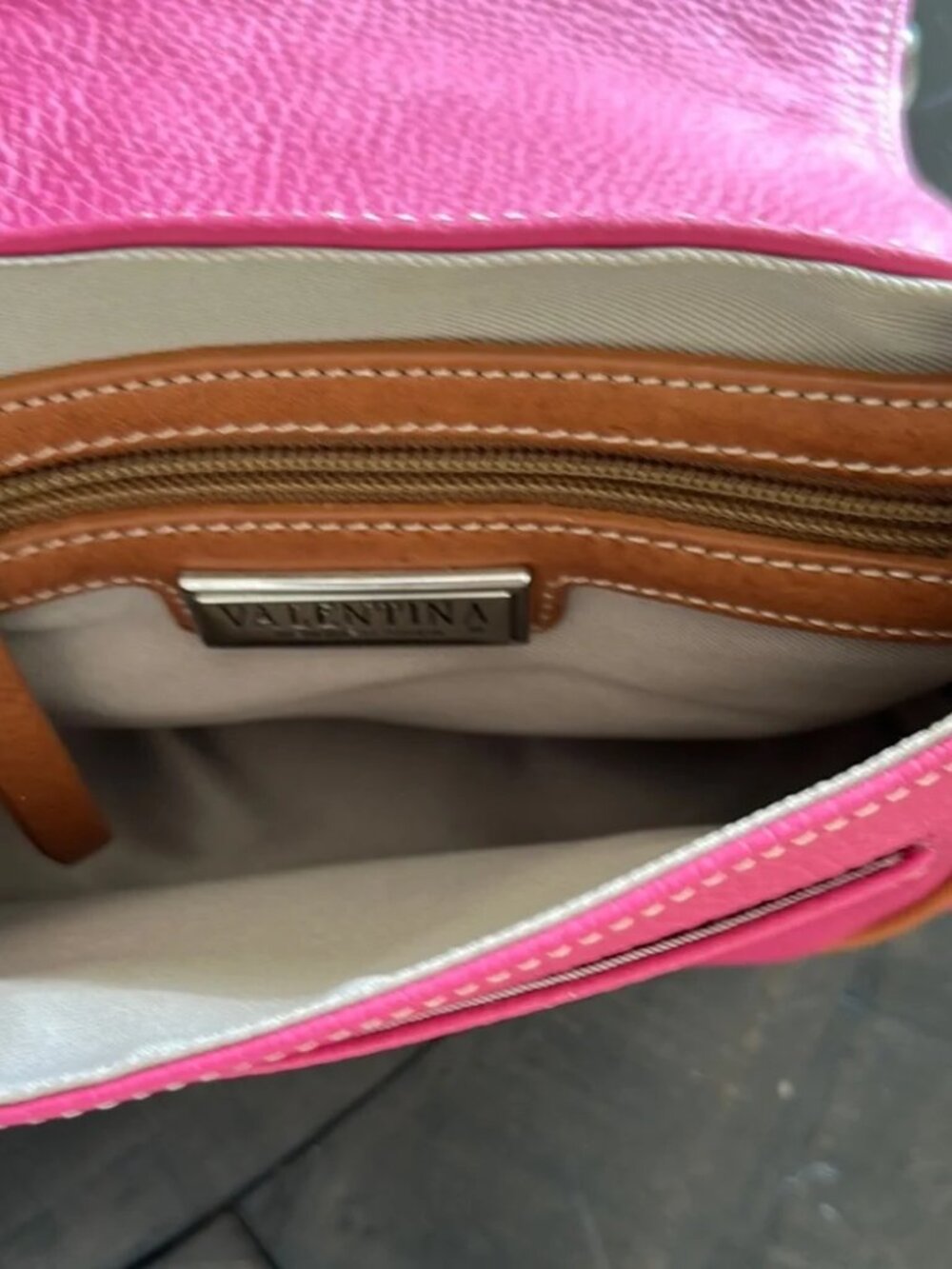 VALENTINA Saddle Leather Shoulder Bag Pink/Tan/Made in Italy EUC - Picture 6 of 17